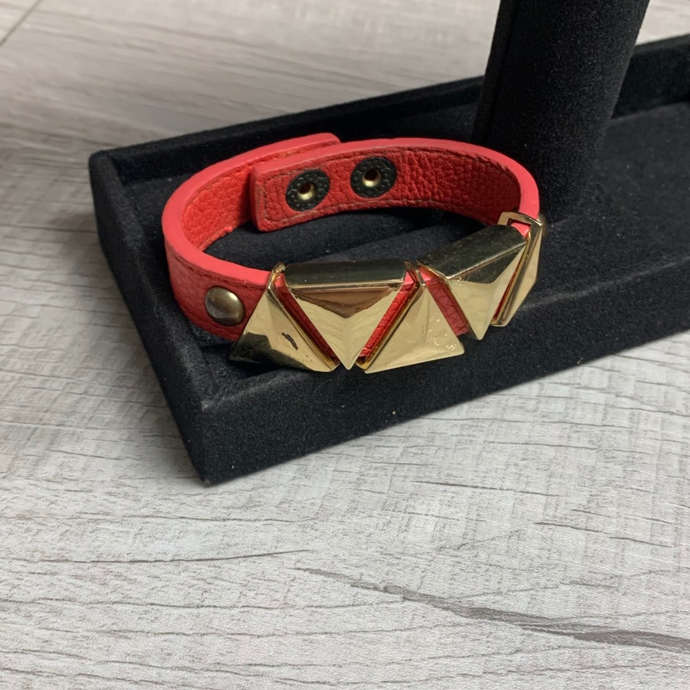 BCBGeneration Coral Red Pebbled Leather Gold Pyramid Stud Wrap Cuff‎ Bracelet